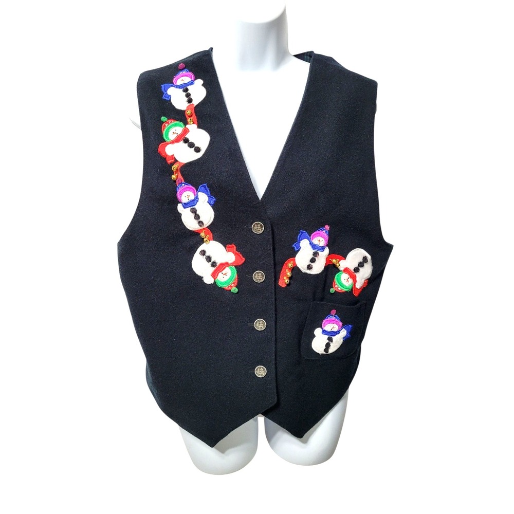Karen Scott Christmas Vest Women's M Black Felt Snowman Winter Holiday